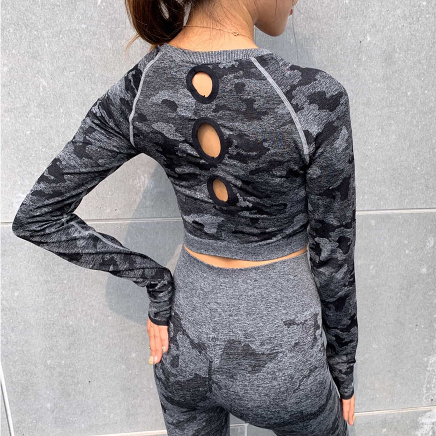 Camouflage Sports Bodysuit Quick Dry Running Yoga Wear Breathable Hollow Vest Seamless Long Sleeve