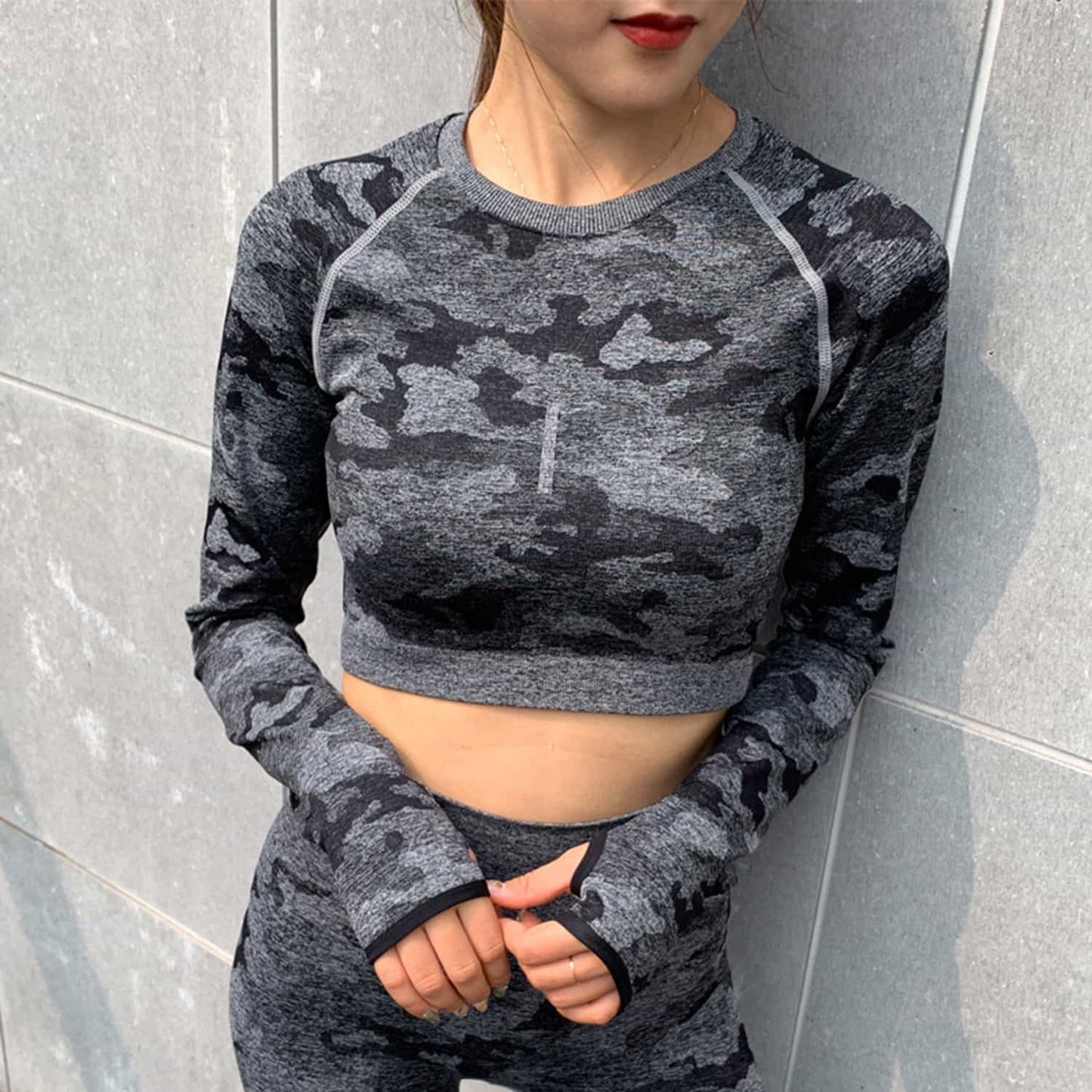 Camouflage Sports Bodysuit Quick Dry Running Yoga Wear Breathable Hollow Vest Seamless Long Sleeve