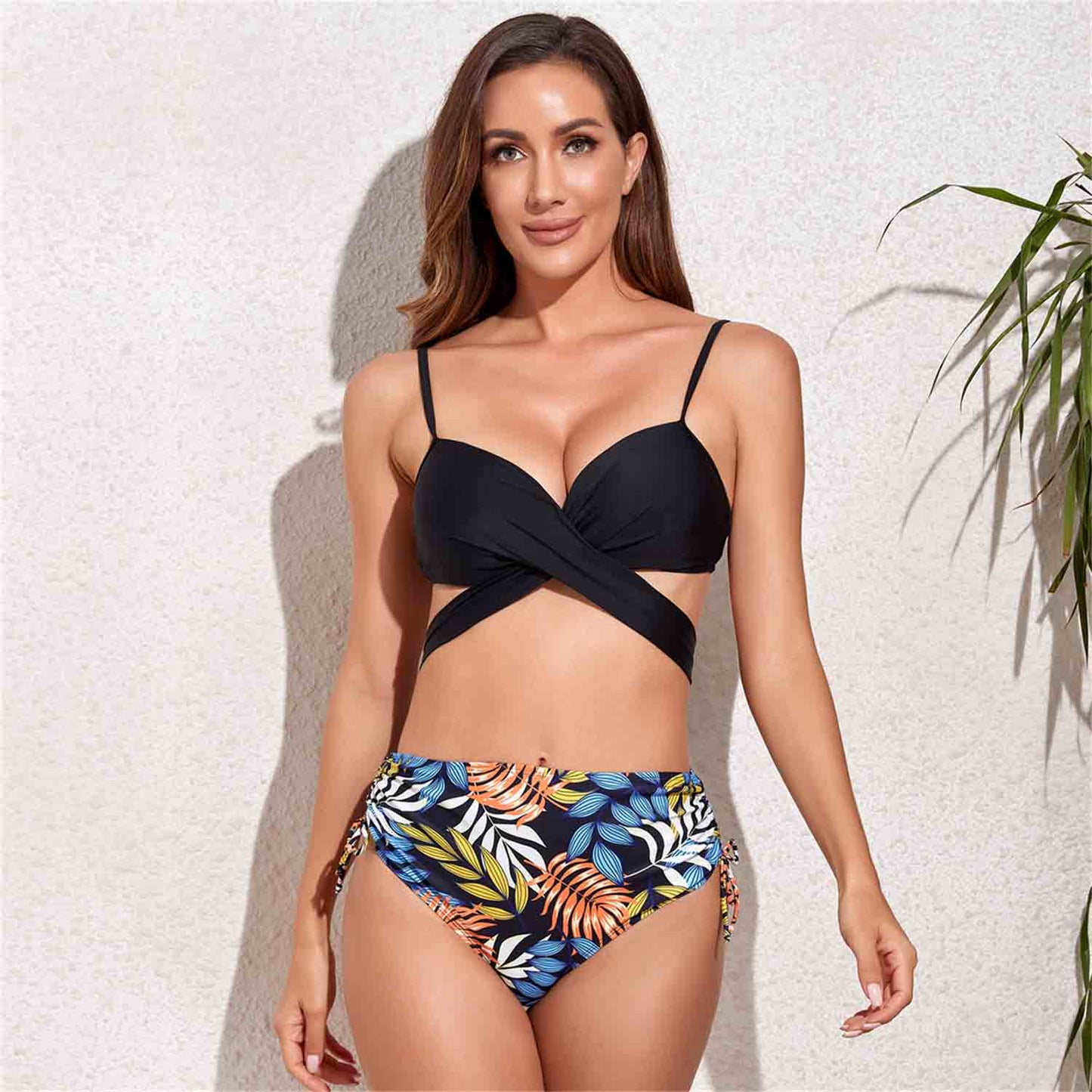 Women's Cross Tie Floral Print Two-Piece Bikini Swimsuit No Steel Ring Swimsuit Chest Padded Swimsuit
