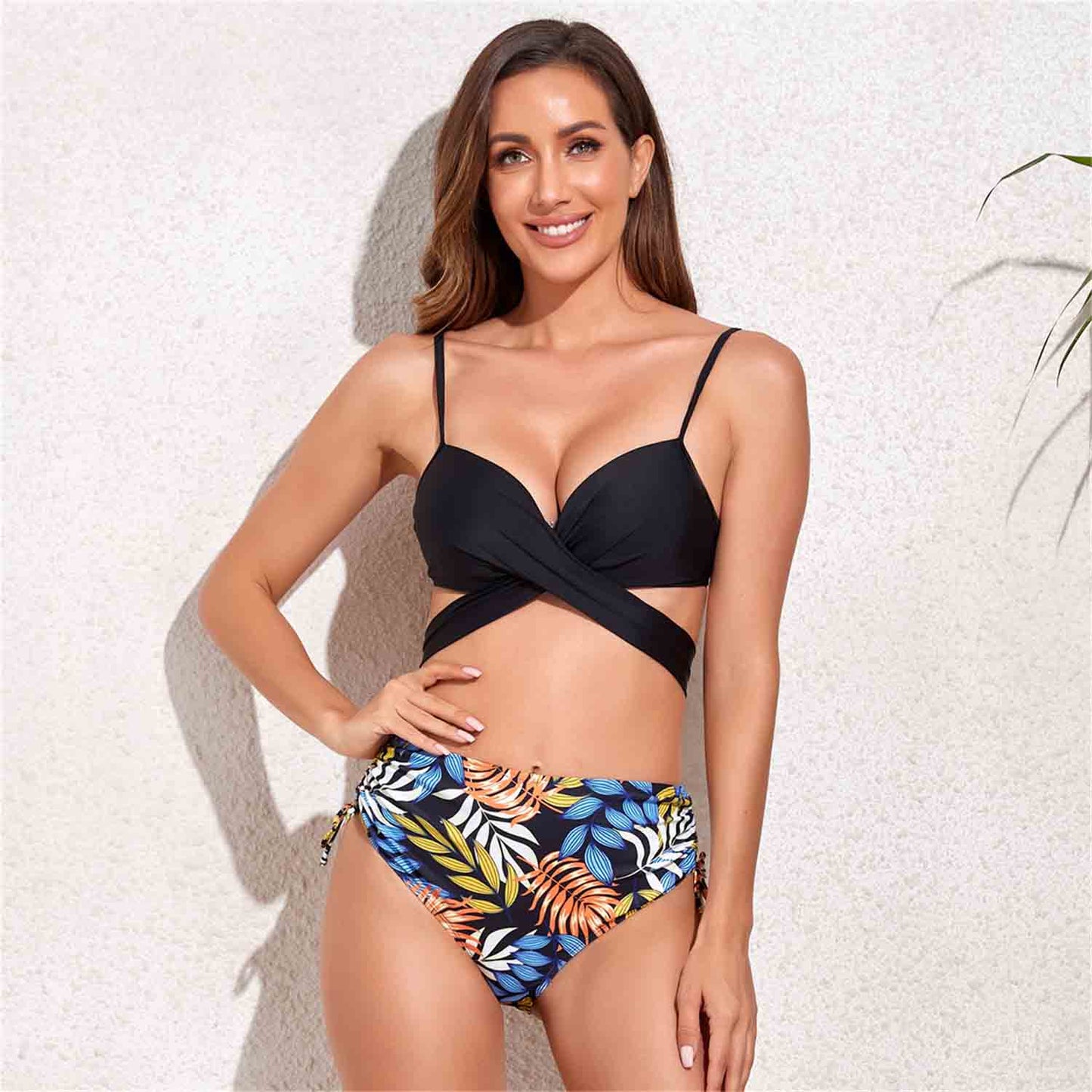 Women's Cross Tie Floral Print Two-Piece Bikini Swimsuit No Steel Ring Swimsuit Chest Padded Swimsuit