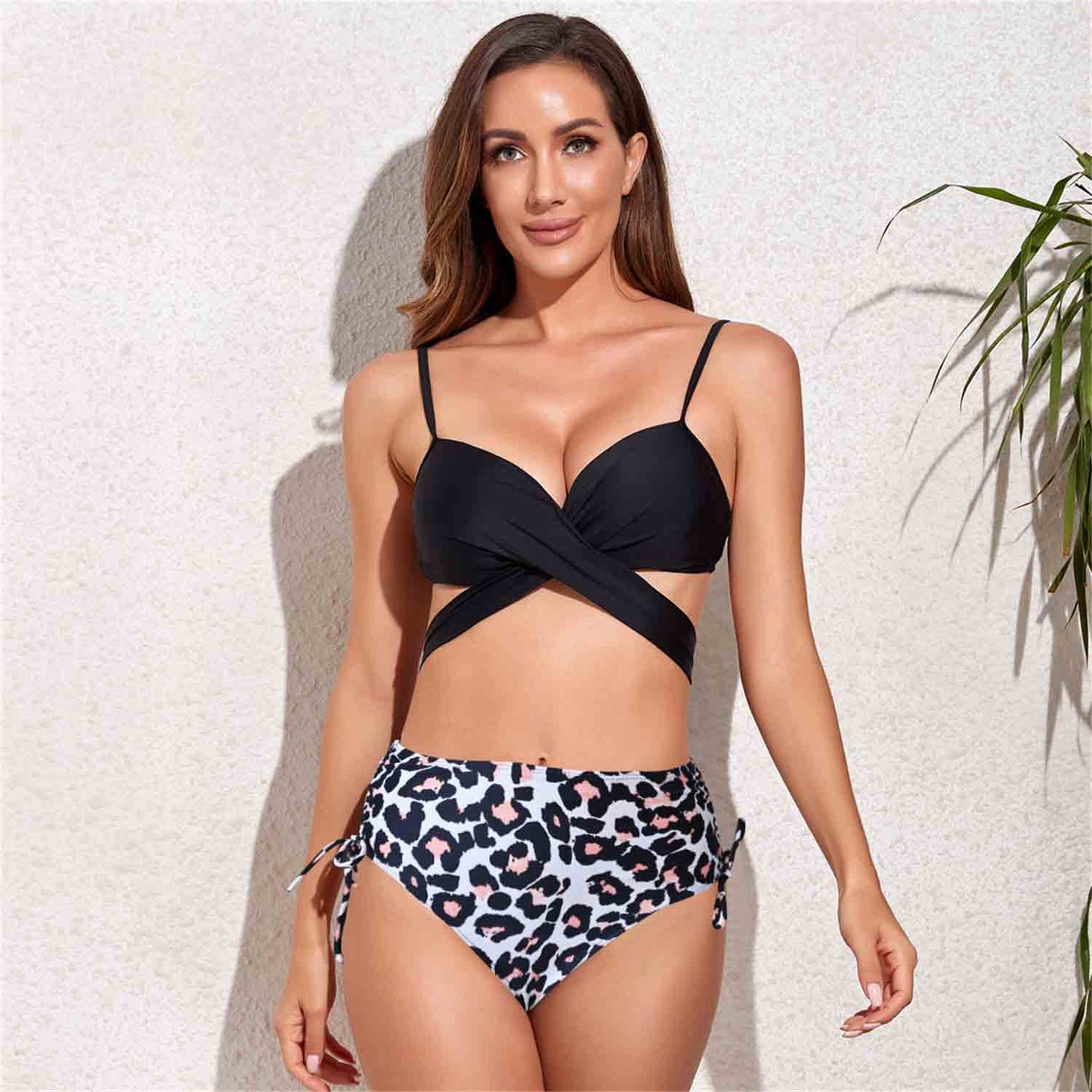 Women's Cross Tie Floral Print Two-Piece Bikini Swimsuit No Steel Ring Swimsuit Chest Padded Swimsuit