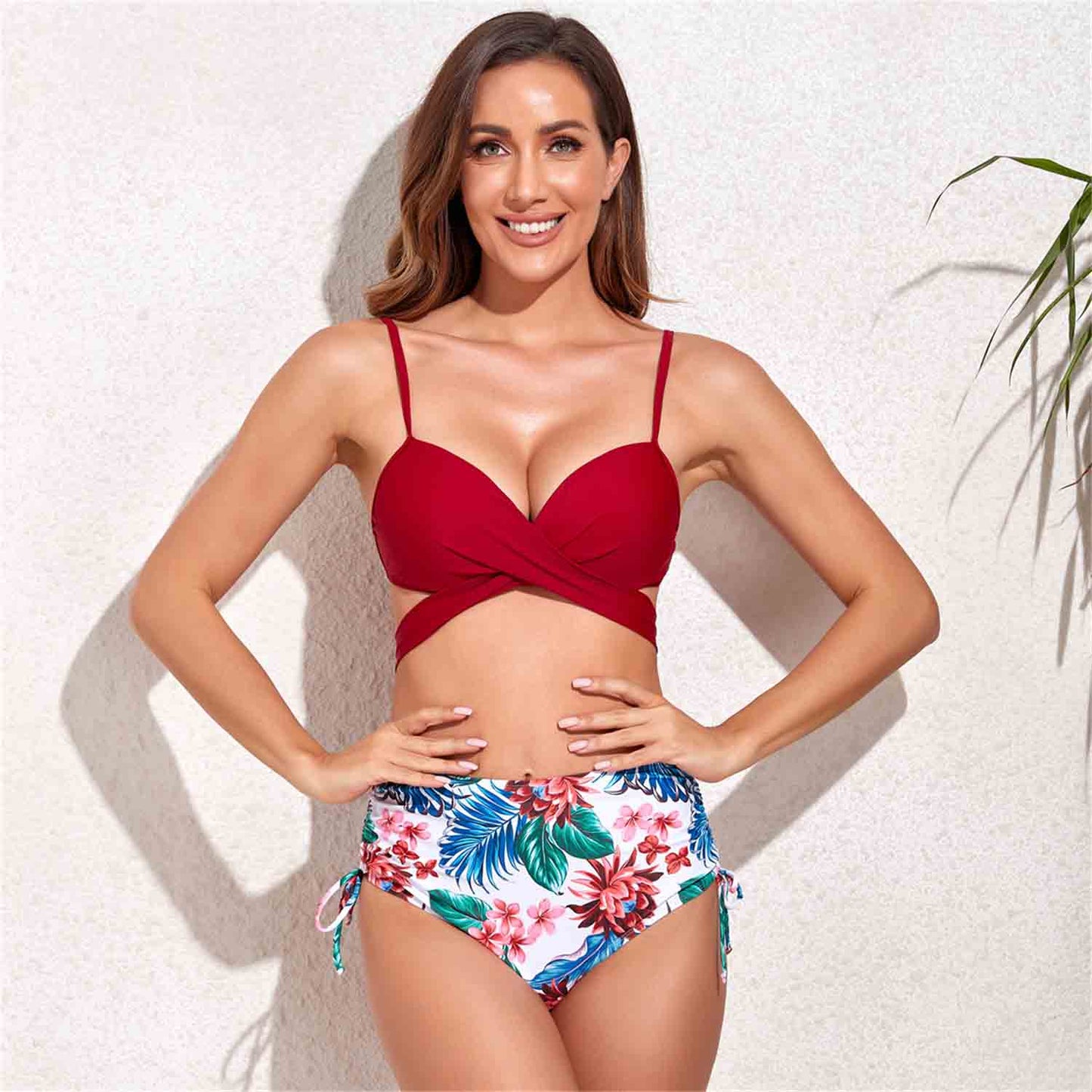 Women's Cross Tie Floral Print Two-Piece Bikini Swimsuit No Steel Ring Swimsuit Chest Padded Swimsuit