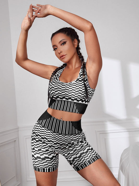Yoga Workout Outfits for Women 2 Piece Ribbed Printed Seamless Sports Exercise Sets