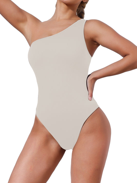 Women's Bodysuits One Shoulder Sleeveless Tank Tops Ribbed Seamless Workout Bodysuit Jumpsuits