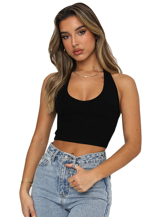 Women's Basic Halter Crop Top Summer Scoop Neck Solid Tank Tops Backless Cute Y2K Going Out Tops