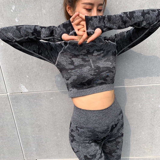 Camouflage Sports Bodysuit Quick Dry Running Yoga Wear Breathable Hollow Vest Seamless Long Sleeve