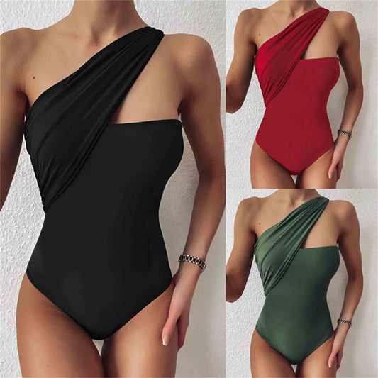 One Piece Sexy Swimsuit One Shoulder Close-fitting Bikini Solid Color Beachwear