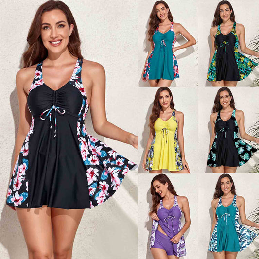 Floral Print Tankini Swimwear Dress For Women Front Bow Tie Swimwear Ross Back and No Rib Bust Cushion Swimwear