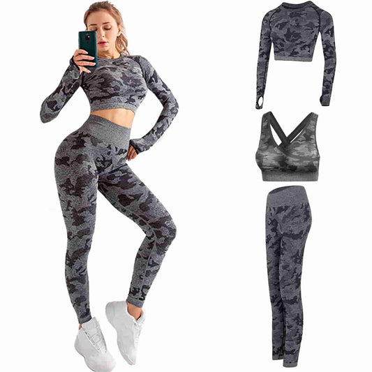 Camouflage Sports Tights Quick Dry Running Yoga Breathable Hollow Seamless Three-piece Set