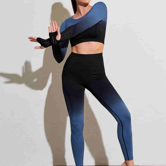 Gradient Color Long Sleeve T-Shirt And Yoga Pants Suit Women Fitness Wear Workout Suits