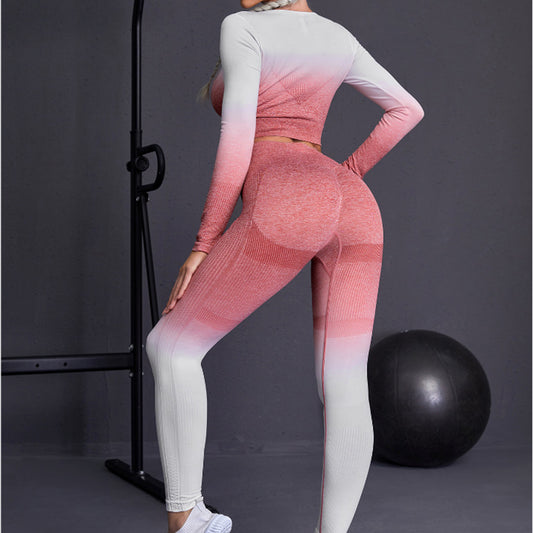2PCS Gradient Color Yoga Set Woman Workout Suit Crop Top Pants Set High Elasticity Tight Clothes Running Activewear