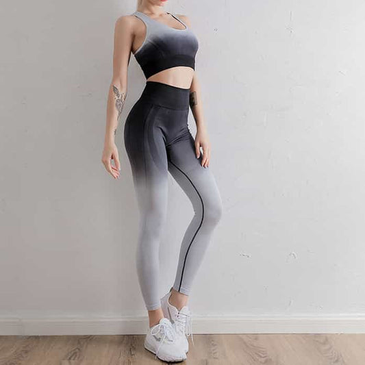 2PCS Gradient Color Yoga Set Woman Workout Suit Vest Pants Set High Elasticity Tight Clothes Running Activewear