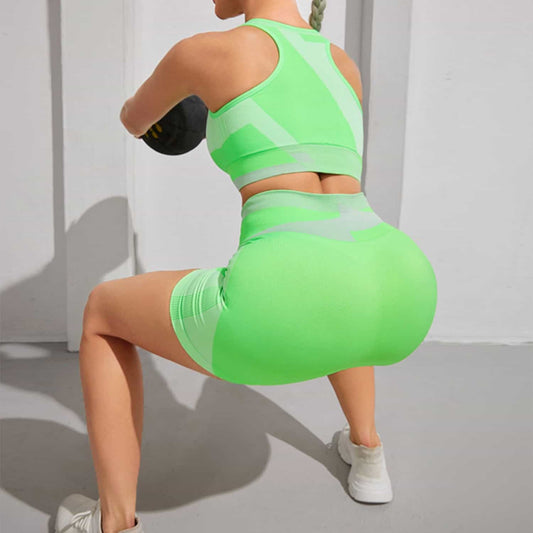 2Pcs Summer Color Block Workout Suits For Women Fitness Shorts Vest Yoga Set